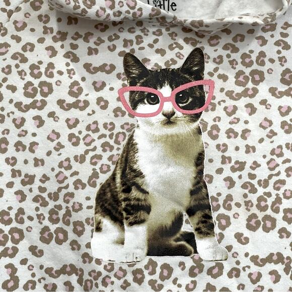 Little Pretties Pink Tan Animal Print Cat Kitty Glasses Graphic Hoodie - Large - Picture 2 of 10